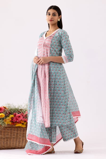 Buy_Abbaran_Blue Cotton, Muslin Embroidery, Lace V-neck Floral Block Print Anarkali Set_Online_at_Aza_Fashions
