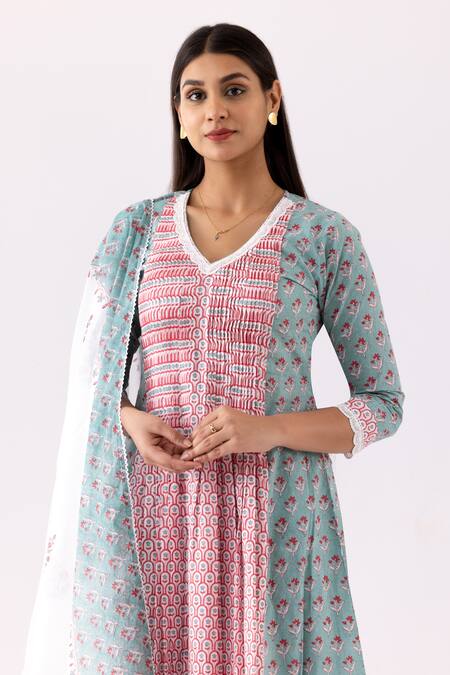 Shop_Abbaran_Blue Cotton, Muslin Embroidery, Lace V-neck Floral Block Print Anarkali Set_Online_at_Aza_Fashions
