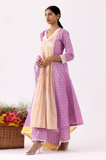 Abbaran_Purple Cotton, Muslin Embroidery, Lace V-neck Block Print Panelled Anarkali Set _Online_at_Aza_Fashions