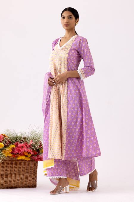 Buy_Abbaran_Purple Cotton, Muslin Embroidery, Lace V-neck Block Print Panelled Anarkali Set _Online_at_Aza_Fashions