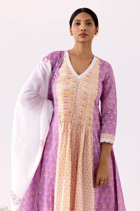 Shop_Abbaran_Purple Cotton, Muslin Embroidery, Lace V-neck Block Print Panelled Anarkali Set _Online_at_Aza_Fashions