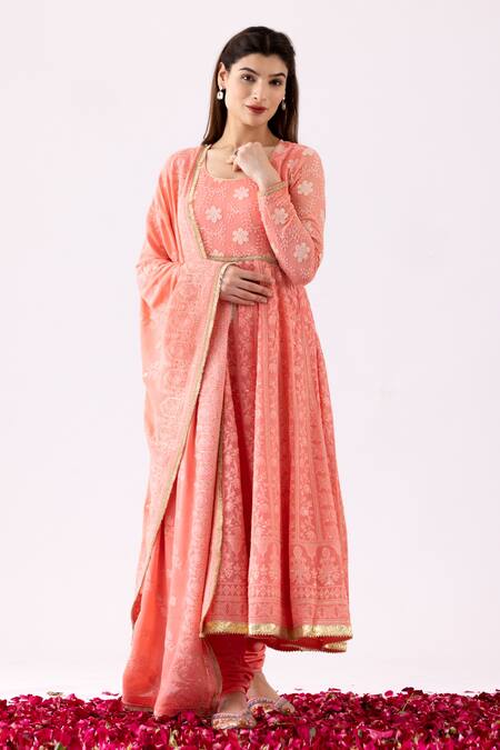 Abbaran_Pink Georgette Embroidery, Sequins, Tassels Round Neck Chikankari Anarkali Set_Online_at_Aza_Fashions