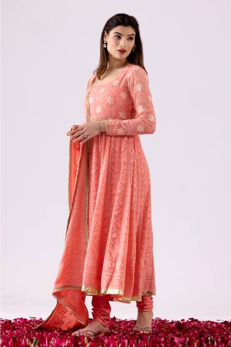 Buy_Abbaran_Pink Georgette Embroidery, Sequins, Tassels Round Neck Chikankari Anarkali Set_Online_at_Aza_Fashions