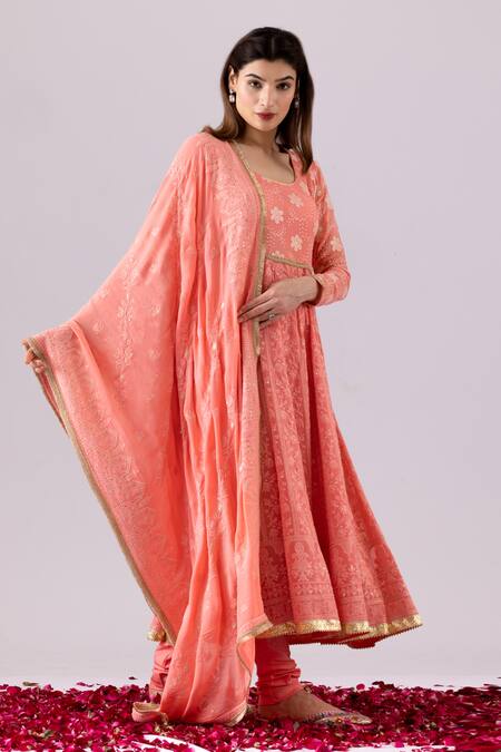 Shop_Abbaran_Pink Georgette Embroidery, Sequins, Tassels Round Neck Chikankari Anarkali Set_Online_at_Aza_Fashions