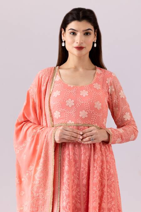 Abbaran_Pink Georgette Embroidery, Sequins, Tassels Round Neck Chikankari Anarkali Set_at_Aza_Fashions