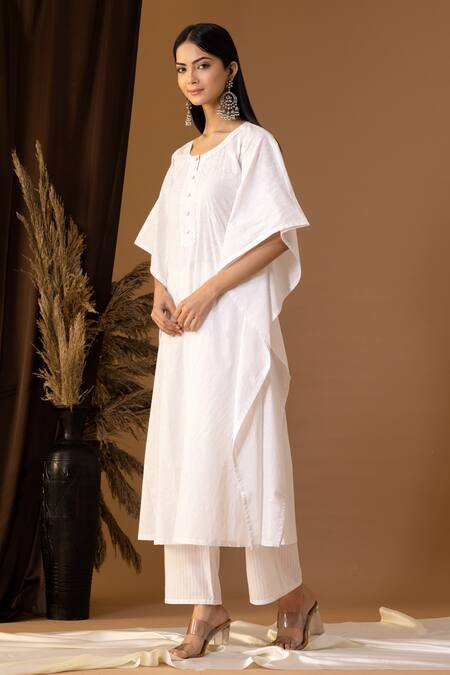 Abbaran_White Cotton Embroidery Round Neck Floral Print Kaftan And Palazzo Set _Online_at_Aza_Fashions