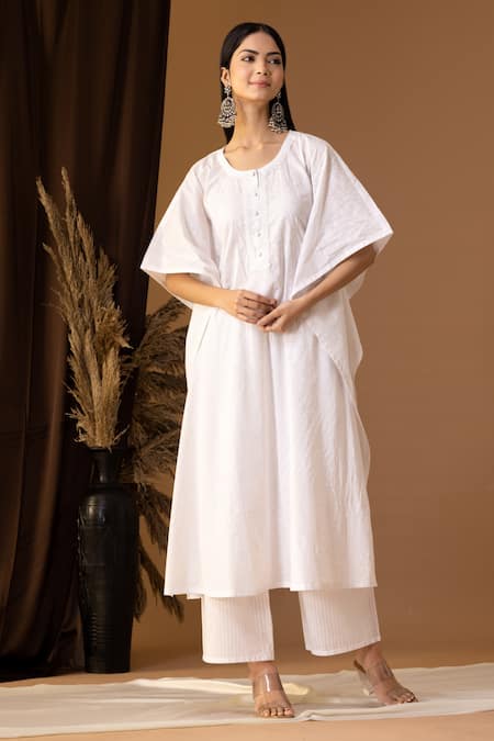 Shop_Abbaran_White Cotton Embroidery Round Neck Floral Print Kaftan And Palazzo Set _Online_at_Aza_Fashions