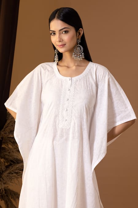 Abbaran_White Cotton Embroidery Round Neck Floral Print Kaftan And Palazzo Set _at_Aza_Fashions