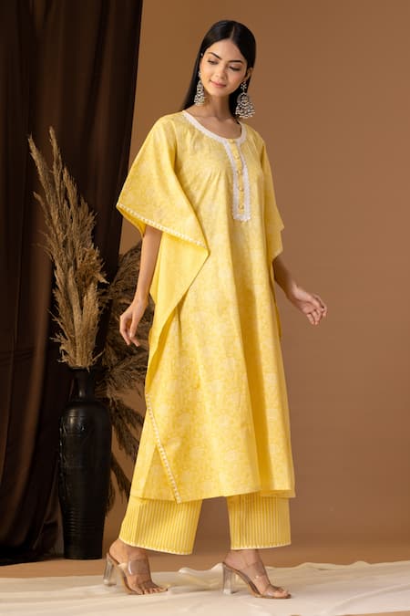 Buy Abbaran Yellow Cotton Lace Round Neck Flora Print Kaftan And Palazzo Set Online at Aza Fashions Buy_Abbaran_Yellow Cotton Lace Round Neck Flora Print Kaftan And Palazzo Set _Online_at_Aza_Fashions