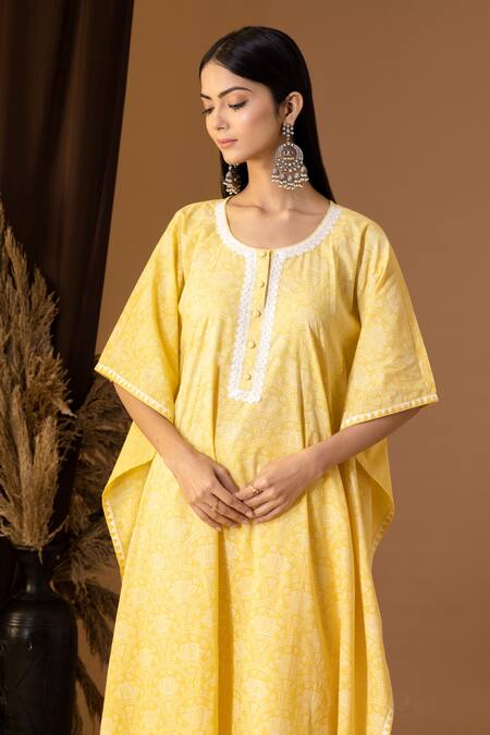 Shop Abbaran Yellow Cotton Lace Round Neck Flora Print Kaftan And Palazzo Set Online at Aza Fashions Shop_Abbaran_Yellow Cotton Lace Round Neck Flora Print Kaftan And Palazzo Set _Online_at_Aza_Fashions