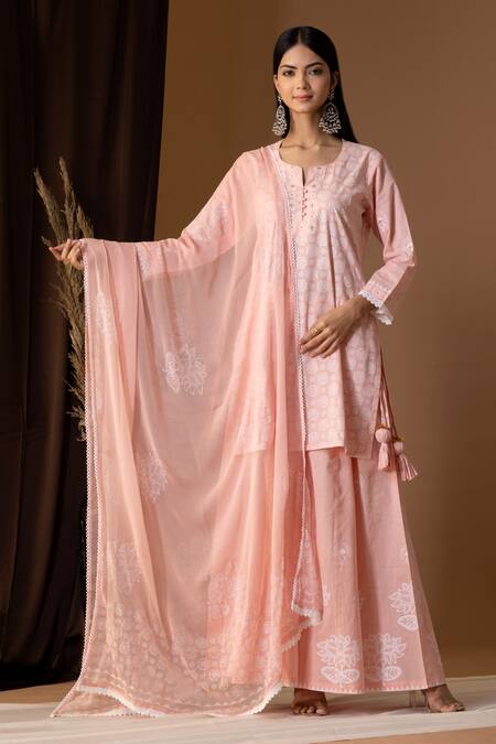 Abbaran Pink Cotton, Chiffon Embroidery Keyhole Neck Floret Pattern Kurta Gharara Set Online at Aza Fashions Abbaran_Pink Cotton, Chiffon Embroidery Keyhole Neck Floret Pattern Kurta Gharara Set _Online_at_Aza_Fashions