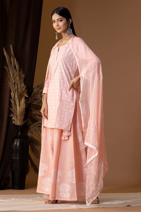 Shop Abbaran Pink Cotton, Chiffon Embroidery Keyhole Neck Floret Pattern Kurta Gharara Set Online at Aza Fashions Shop_Abbaran_Pink Cotton, Chiffon Embroidery Keyhole Neck Floret Pattern Kurta Gharara Set _Online_at_Aza_Fashions