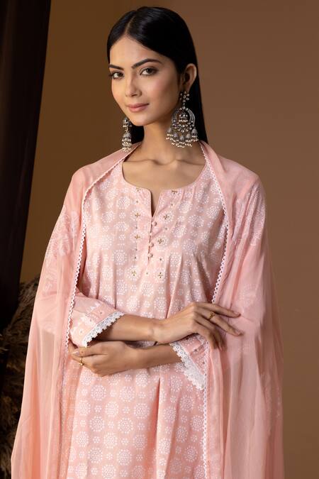 Abbaran Pink Cotton, Chiffon Embroidery Keyhole Neck Floret Pattern Kurta Gharara Set at Aza Fashions Abbaran_Pink Cotton, Chiffon Embroidery Keyhole Neck Floret Pattern Kurta Gharara Set _at_Aza_Fashions