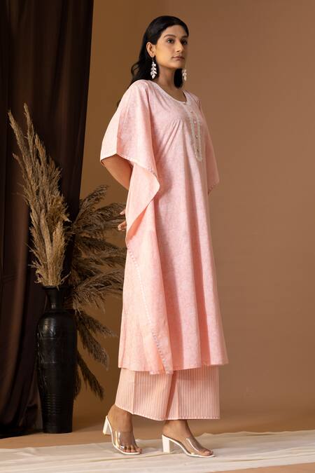 Abbaran Pink Cotton Round Neck Floret Print Kaftan And Palazzo Set Online at Aza Fashions Abbaran_Pink Cotton Round Neck Floret Print Kaftan And Palazzo Set _Online_at_Aza_Fashions