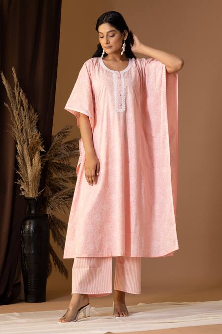 Shop Abbaran Pink Cotton Round Neck Floret Print Kaftan And Palazzo Set Online at Aza Fashions Shop_Abbaran_Pink Cotton Round Neck Floret Print Kaftan And Palazzo Set _Online_at_Aza_Fashions