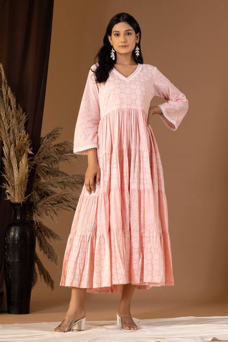 Abbaran Pink Cotton Lace V-neck Floral Print Tiered Dress Online at Aza Fashions Abbaran_Pink Cotton Lace V-neck Floral Print Tiered Dress _Online_at_Aza_Fashions