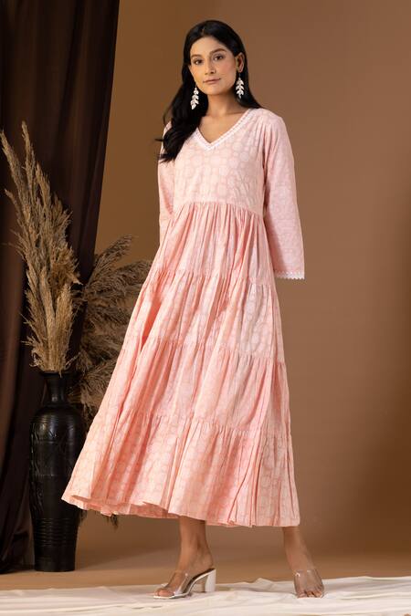 Buy Abbaran Pink Cotton Lace V-neck Floral Print Tiered Dress Online at Aza Fashions Buy_Abbaran_Pink Cotton Lace V-neck Floral Print Tiered Dress _Online_at_Aza_Fashions