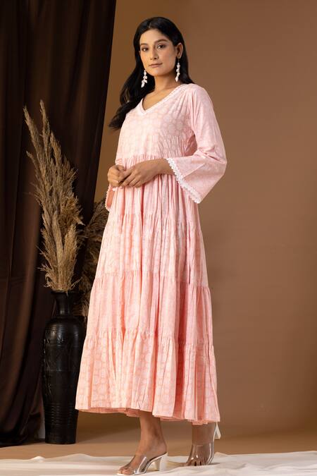 Shop Abbaran Pink Cotton Lace V-neck Floral Print Tiered Dress Online at Aza Fashions Shop_Abbaran_Pink Cotton Lace V-neck Floral Print Tiered Dress _Online_at_Aza_Fashions