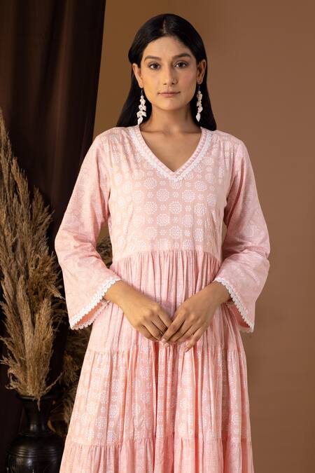 Abbaran Pink Cotton Lace V-neck Floral Print Tiered Dress at Aza Fashions Abbaran_Pink Cotton Lace V-neck Floral Print Tiered Dress _at_Aza_Fashions