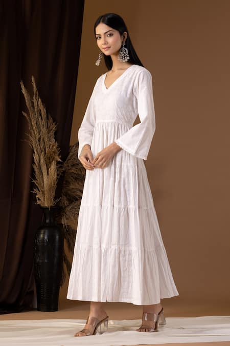 Buy Abbaran White Cotton V-neck Floral Print Tiered V Dress Online at Aza Fashions Buy_Abbaran_White Cotton V-neck Floral Print Tiered V Dress _Online_at_Aza_Fashions