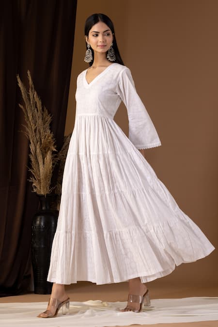 Shop Abbaran White Cotton V-neck Floral Print Tiered V Dress Online at Aza Fashions Shop_Abbaran_White Cotton V-neck Floral Print Tiered V Dress _Online_at_Aza_Fashions