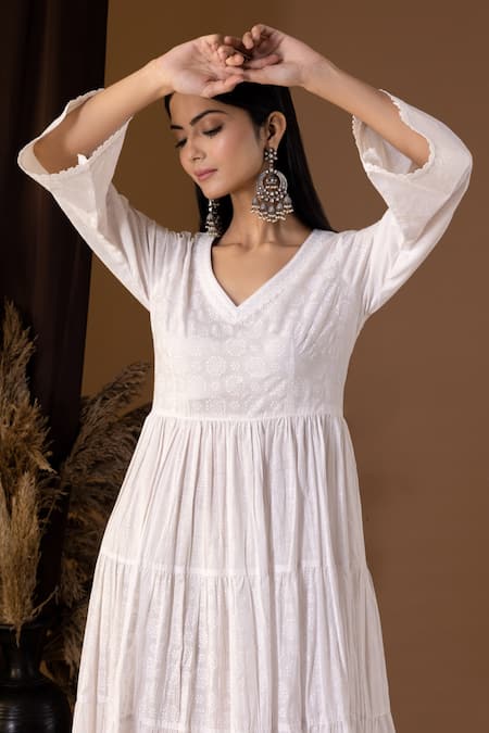 Abbaran White Cotton V-neck Floral Print Tiered V Dress at Aza Fashions Abbaran_White Cotton V-neck Floral Print Tiered V Dress _at_Aza_Fashions