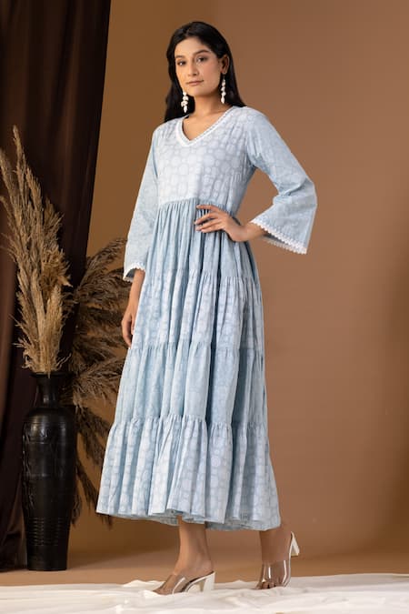Buy Abbaran Blue Cotton Embroidery, Cut Work V-neck Floral Pattern Tiered V Dress Online at Aza Fashions Buy_Abbaran_Blue Cotton Embroidery, Cut Work V-neck Floral Pattern Tiered V Dress _Online_at_Aza_Fashions