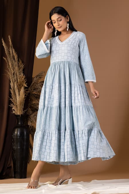 Shop Abbaran Blue Cotton Embroidery, Cut Work V-neck Floral Pattern Tiered V Dress Online at Aza Fashions Shop_Abbaran_Blue Cotton Embroidery, Cut Work V-neck Floral Pattern Tiered V Dress _Online_at_Aza_Fashions