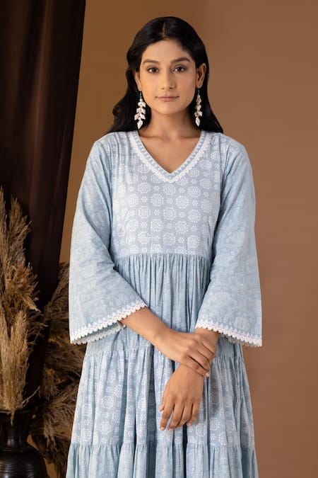 Abbaran Blue Cotton Embroidery, Cut Work V-neck Floral Pattern Tiered V Dress at Aza Fashions Abbaran_Blue Cotton Embroidery, Cut Work V-neck Floral Pattern Tiered V Dress _at_Aza_Fashions