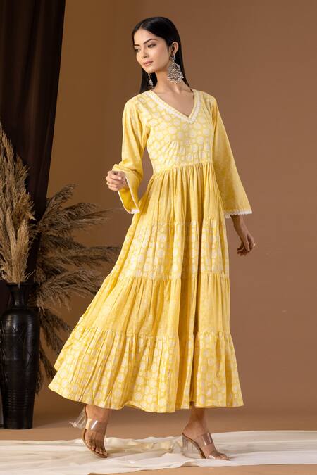Shop Abbaran Yellow Cotton Lace V-neck Flora Pattern Tiered V Dress Online at Aza Fashions Shop_Abbaran_Yellow Cotton Lace V-neck Flora Pattern Tiered V Dress _Online_at_Aza_Fashions