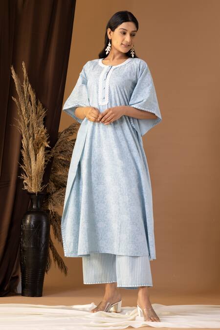 Abbaran Blue Cotton Lace Round Neck Floret Pattern Kaftan And Palazzo Set Online at Aza Fashions Abbaran_Blue Cotton Lace Round Neck Floret Pattern Kaftan And Palazzo Set _Online_at_Aza_Fashions