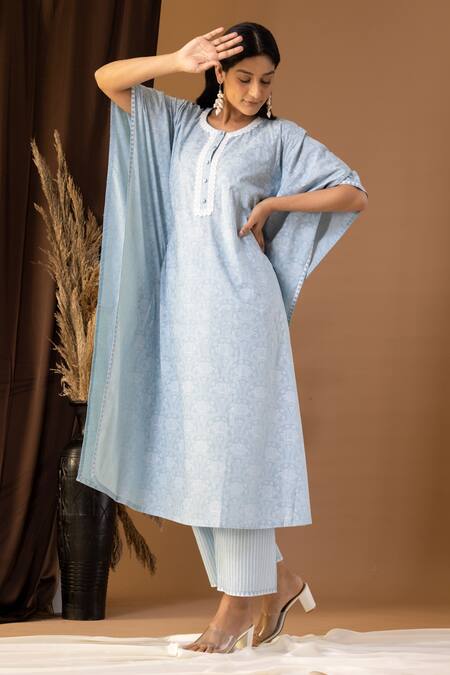 Shop Abbaran Blue Cotton Lace Round Neck Floret Pattern Kaftan And Palazzo Set Online at Aza Fashions Shop_Abbaran_Blue Cotton Lace Round Neck Floret Pattern Kaftan And Palazzo Set _Online_at_Aza_Fashions