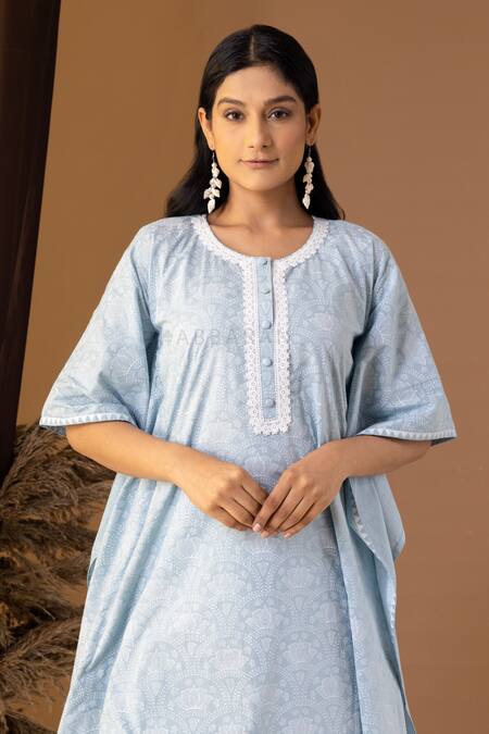 Abbaran Blue Cotton Lace Round Neck Floret Pattern Kaftan And Palazzo Set at Aza Fashions Abbaran_Blue Cotton Lace Round Neck Floret Pattern Kaftan And Palazzo Set _at_Aza_Fashions
