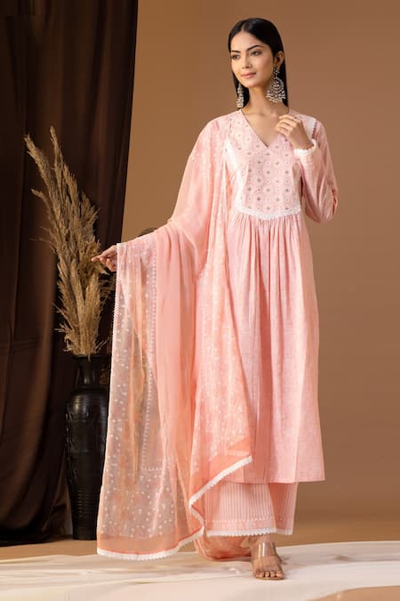 Abbaran Pink , Satin Sequins, Lace V-neck Floral Pattern Kurta Palazzo Set Online at Aza Fashions Abbaran_Pink , Satin Sequins, Lace V-neck Floral Pattern Kurta Palazzo Set _Online_at_Aza_Fashions