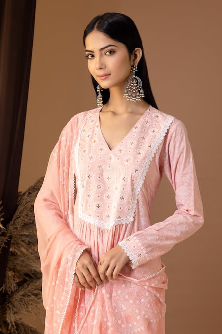 Shop Abbaran Pink , Satin Sequins, Lace V-neck Floral Pattern Kurta Palazzo Set Online at Aza Fashions Shop_Abbaran_Pink , Satin Sequins, Lace V-neck Floral Pattern Kurta Palazzo Set _Online_at_Aza_Fashions