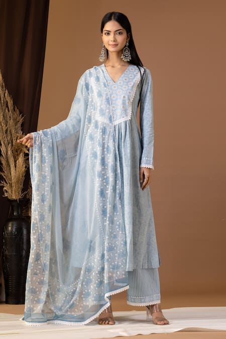 Abbaran Blue Cotton Embroidery, Lace V-neck Flora Pattern Kurta Palazzo Set Online at Aza Fashions Abbaran_Blue Cotton Embroidery, Lace V-neck Flora Pattern Kurta Palazzo Set _Online_at_Aza_Fashions