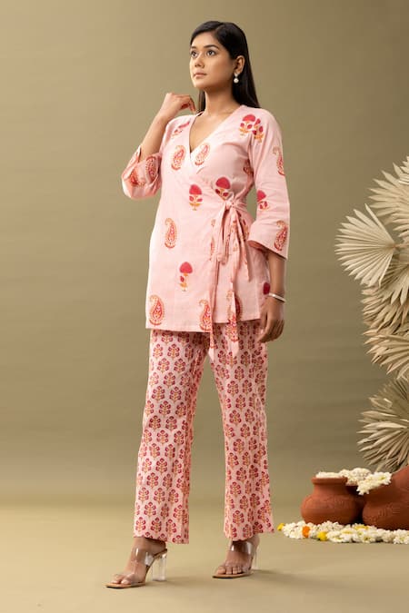 Abbaran Pink Cotton Embroidery V-neck Bloom Print Angrakha And Flared Pant Set Online at Aza Fashions Abbaran_Pink Cotton Embroidery V-neck Bloom Print Angrakha And Flared Pant Set _Online_at_Aza_Fashions