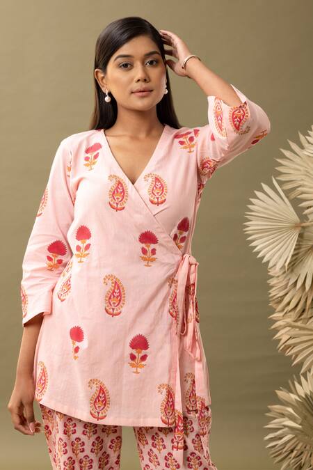 Buy Abbaran Pink Cotton Embroidery V-neck Bloom Print Angrakha And Flared Pant Set Online at Aza Fashions Buy_Abbaran_Pink Cotton Embroidery V-neck Bloom Print Angrakha And Flared Pant Set _Online_at_Aza_Fashions