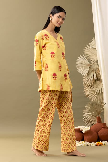 Shop_Abbaran_Yellow Cotton Embroidery V-neck Bloom Print Angrakha And Pant Set _Online_at_Aza_Fashions