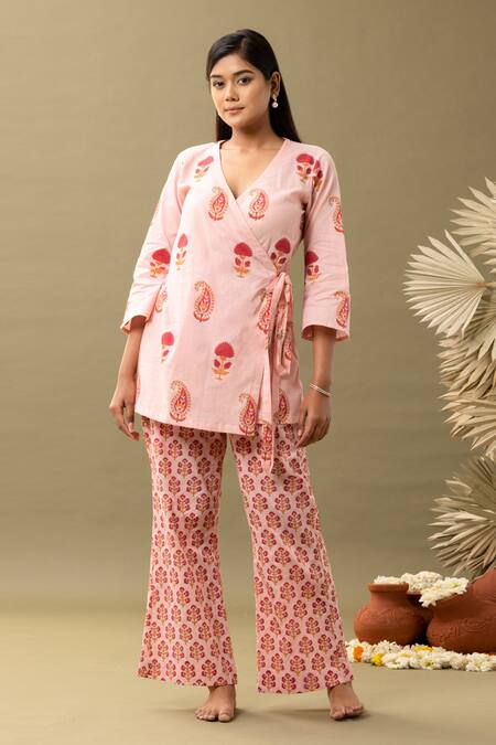 Shop Abbaran Pink Cotton Embroidery V-neck Bloom Print Angrakha And Flared Pant Set Online at Aza Fashions Shop_Abbaran_Pink Cotton Embroidery V-neck Bloom Print Angrakha And Flared Pant Set _Online_at_Aza_Fashions