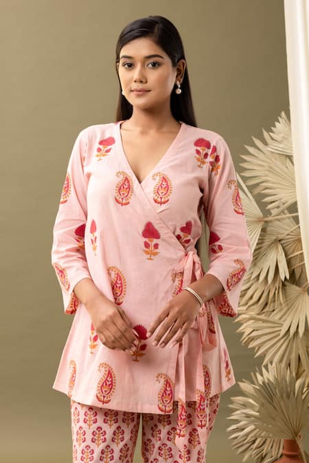 Abbaran Pink Cotton Embroidery V-neck Bloom Print Angrakha And Flared Pant Set at Aza Fashions Abbaran_Pink Cotton Embroidery V-neck Bloom Print Angrakha And Flared Pant Set _at_Aza_Fashions