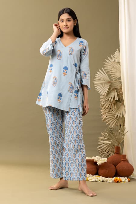 Abbaran_Blue Cotton V-neck Floral Print Angrakha And Pant Set _Online_at_Aza_Fashions