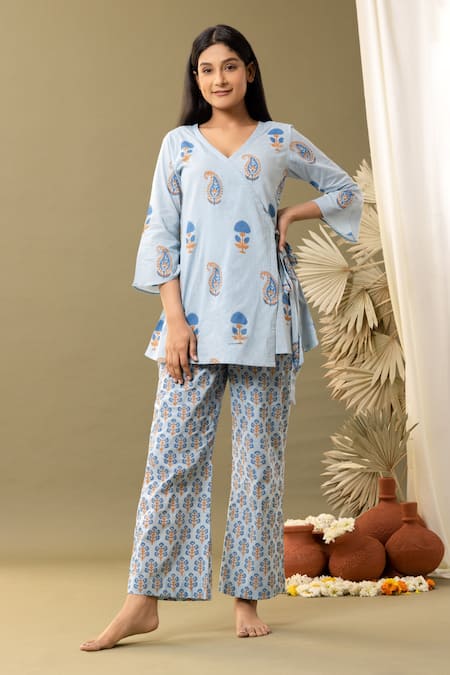 Buy_Abbaran_Blue Cotton V-neck Floral Print Angrakha And Pant Set _Online_at_Aza_Fashions