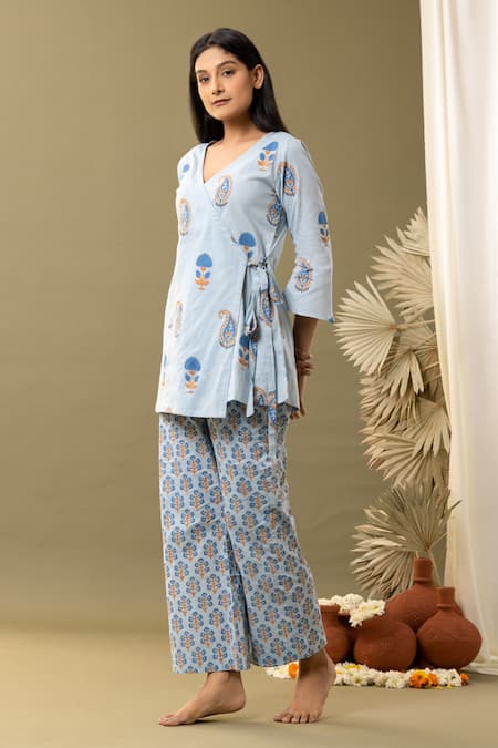 Shop_Abbaran_Blue Cotton V-neck Floral Print Angrakha And Pant Set _Online_at_Aza_Fashions