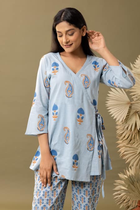 Abbaran_Blue Cotton V-neck Floral Print Angrakha And Pant Set _at_Aza_Fashions