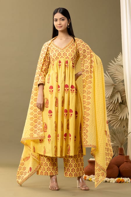 Abbaran Yellow Cotton Lace, Smocking Floral And Paisley Block Print Anarkali Palazzo Set Online at Aza Fashions Abbaran_Yellow Cotton Lace, Smocking Floral And Paisley Block Print Anarkali Palazzo Set _Online_at_Aza_Fashions