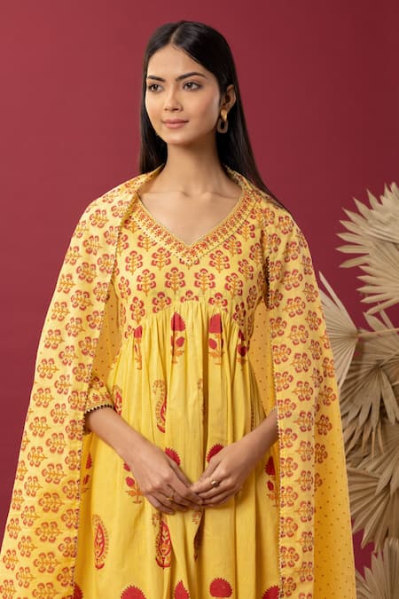 Abbaran Yellow Cotton Lace, Smocking Floral And Paisley Block Print Anarkali Palazzo Set at Aza Fashions Abbaran_Yellow Cotton Lace, Smocking Floral And Paisley Block Print Anarkali Palazzo Set _at_Aza_Fashions