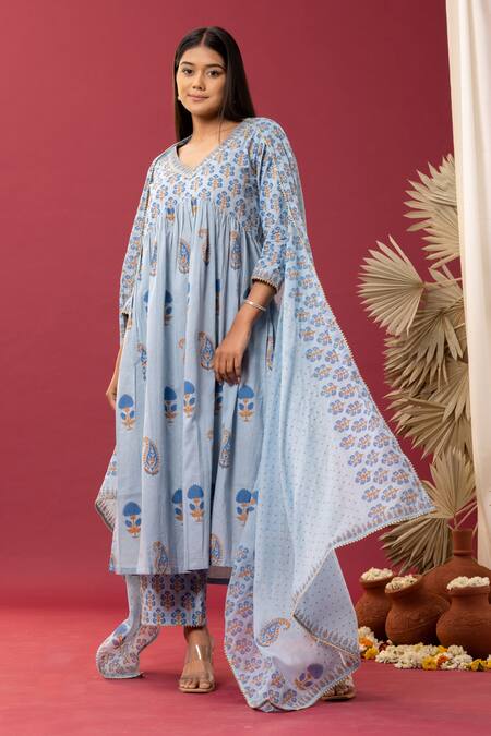 Abbaran Blue Cotton Gota Patti, Paisley And Floral Block Print Anarkali Palazzo Set Online at Aza Fashions Abbaran_Blue Cotton Gota Patti, Paisley And Floral Block Print Anarkali Palazzo Set _Online_at_Aza_Fashions