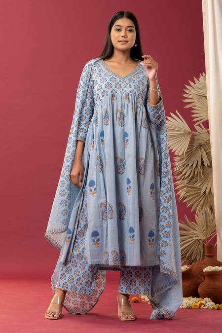 Buy Abbaran Blue Cotton Gota Patti, Paisley And Floral Block Print Anarkali Palazzo Set Online at Aza Fashions Buy_Abbaran_Blue Cotton Gota Patti, Paisley And Floral Block Print Anarkali Palazzo Set _Online_at_Aza_Fashions