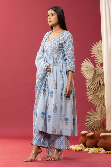 Shop Abbaran Blue Cotton Gota Patti, Paisley And Floral Block Print Anarkali Palazzo Set Online at Aza Fashions Shop_Abbaran_Blue Cotton Gota Patti, Paisley And Floral Block Print Anarkali Palazzo Set _Online_at_Aza_Fashions